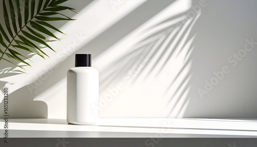 Minimalist White Cosmetic Bottle With Black Cap And Shadow Of Green Leaf On White Backdrop