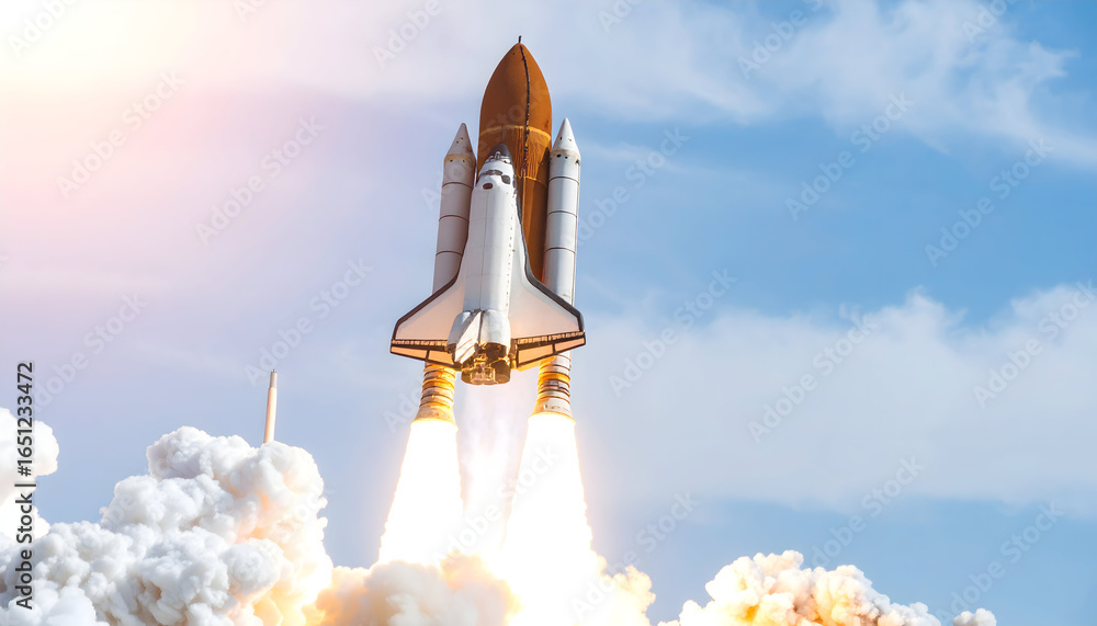 Obraz premium Space Shuttle Blasting Off Into The Sky With Orange And White Tones Above The Fluffy White Smoke