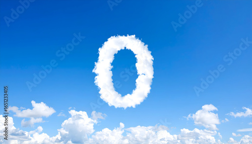 Cloud Formation Depicting the Number Zero Against a Bright Blue Sky with Fluffy White Clouds