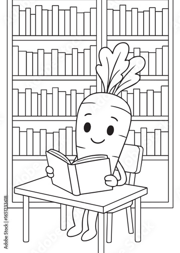 coloring book carrot reading a book in a library.