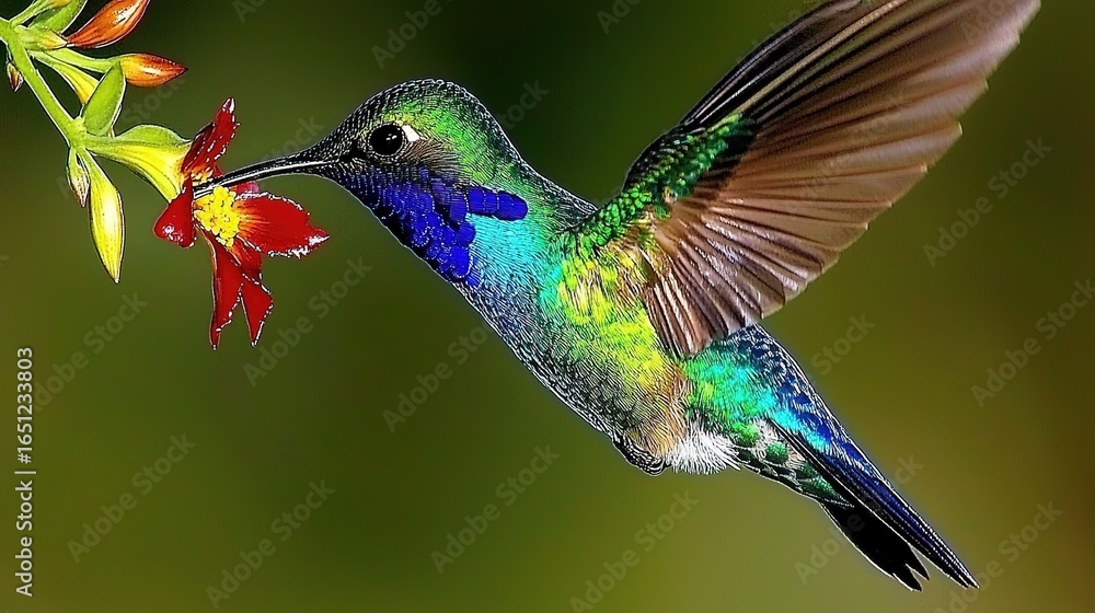 Obraz premium Purple-Bellied Hummingbird Feeding on Heliconia Bihai Flowers in Galapagos with Natural Light Low-Angle View