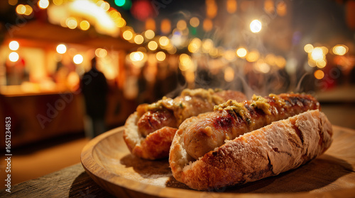 Grilled Bratwurst Sausages Background With Nuremberg Christmas Market, German Cuisine 