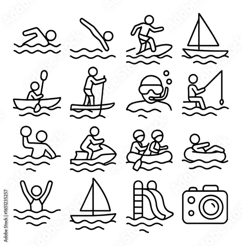 Set of water recreation icons: swimming, kayaking, sailing, and more