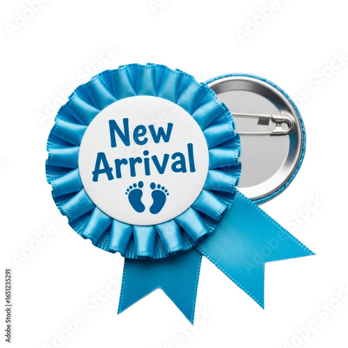 A blue rosette badge with the words new arrival and a pair of baby footprints on transparent background