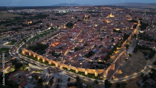  Avila Panoramic aerial view of avila sunset, night, lights, medieval walls, old town, monument, old town, cathedral, incredible skyline, right