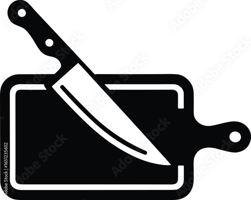 Black and white icon of a knife resting on a cutting board