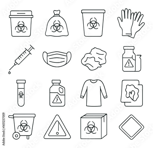 Hazardous waste disposal icons with biohazard symbols and protective gear