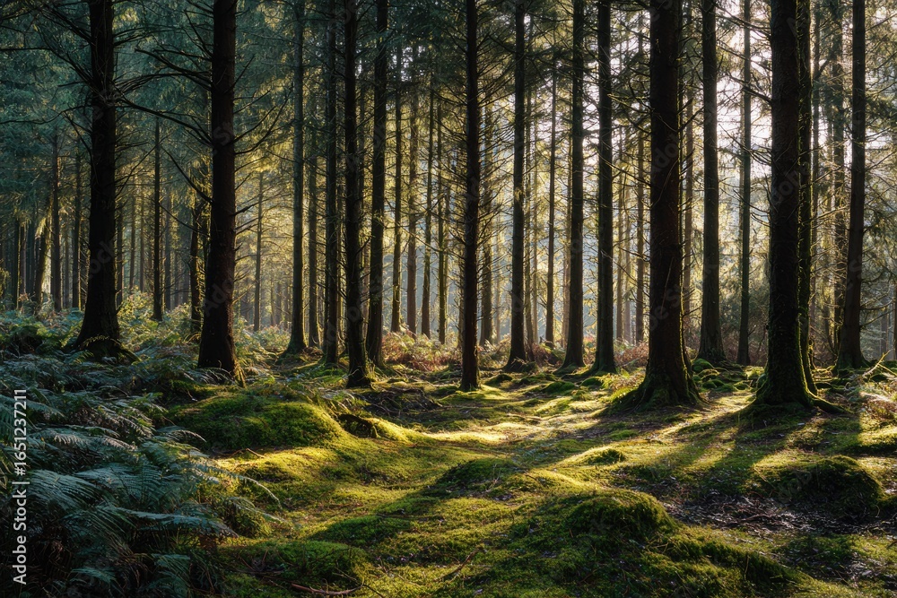 Fototapeta premium Sunlight filtering through a dense forest