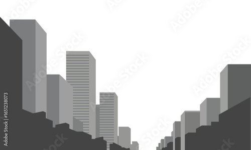 minimal flat design of a cityscape with towering skyscrapers on both sides, creating a sense of urban street life