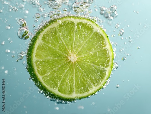 Fresh lime slice submerged in clear water with bubbles creating a vibrant and refreshing effect