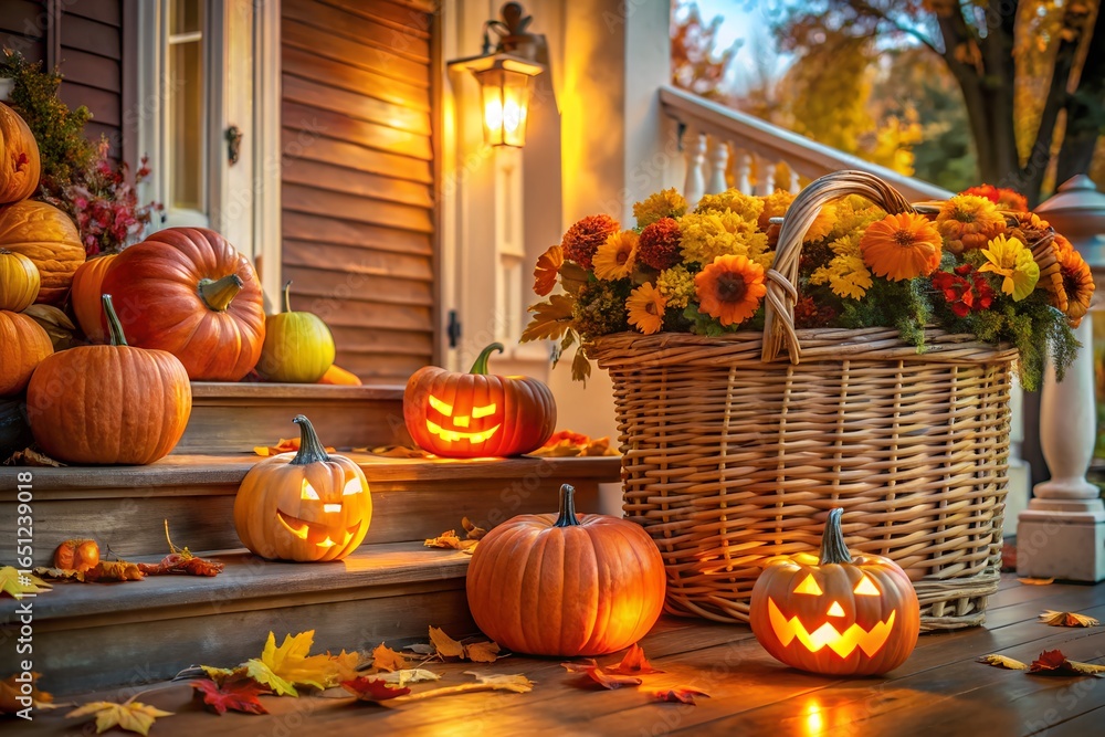 Obraz premium Halloween pumpkins and flowers decorate a porch during the autumn season