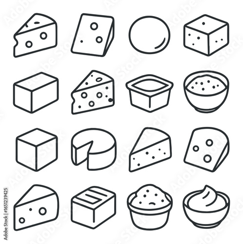 Cheese icons set: gouda, swiss, cheddar, camembert, brie, mozzarella, feta, parmesan, dairy variety