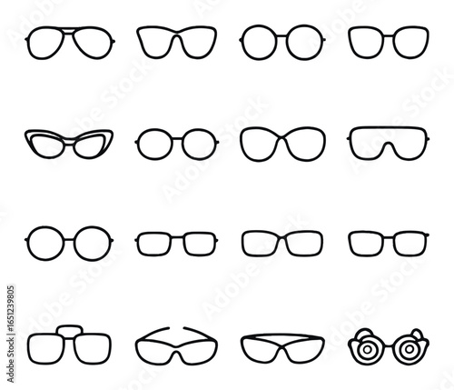 Collection of various eyeglass frames in minimalistic black line designs