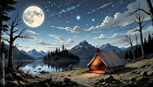 Wallpaper Mural Illustration of a night landscape against a backdrop of mountains with a tent on the shore of a lake. Torontodigital.ca