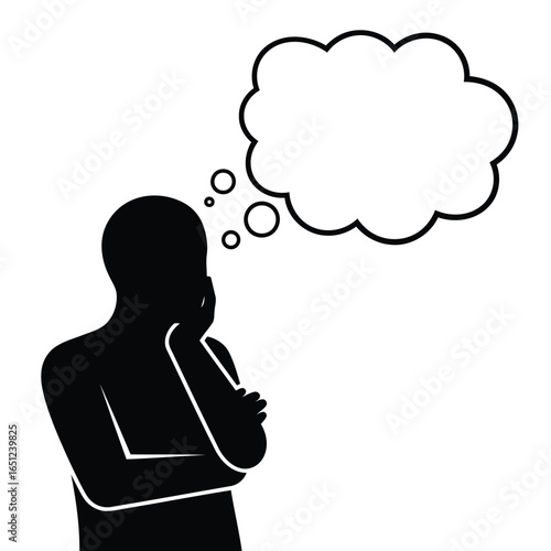 Vector illustration of silhouette of a person thinking with a blank thought bubble above their head, isolated on white background