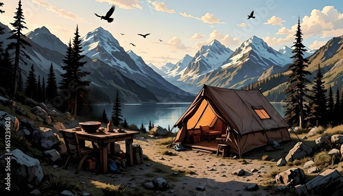 Wallpaper Mural A tent on the shore of a mountain lake. The illustration in calm tones conveys the atmosphere of relaxation. Torontodigital.ca
