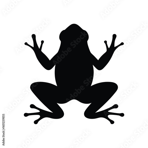 Black silhouette of a frog leaping or landing on a white background