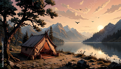 Wallpaper Mural Illustration of a sunset landscape against a backdrop of mountains with a tent on the shore of a lake. Torontodigital.ca