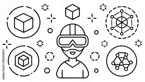 Linear Metaverse Concept: VR Headset User and Digital Icons, Black and White, Vector Illustration for Virtual Reality, Technology and Finance.        