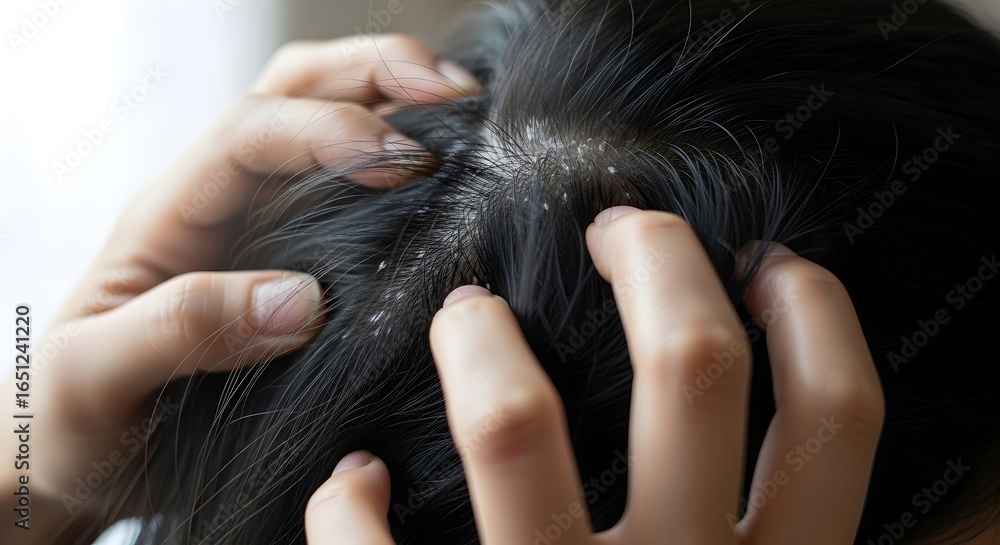 Fototapeta premium Close up of dark hair with dandruff and hands touching the scalp showing skin condition issue problem