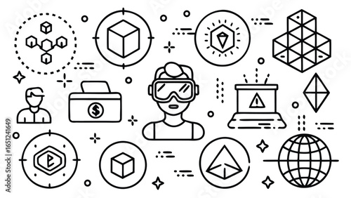 Monochrome Line Art of Person Wearing VR Headset Surrounded by Geometric Shapes, Ideal for Tech or Science Visuals.                                   