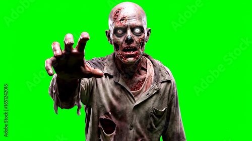 A zombie with glowing eyes and decayed skin reaches forward set against a green background