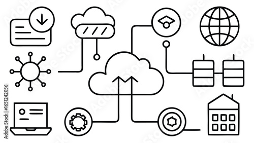 Linear Cloud Computing and Networking Icons: Cloud Storage, Data Transfer, Machine Learning, and Global Connection Network in a Minimalist Graphic    