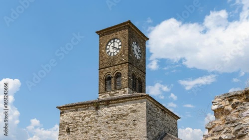 Time lapse of clouds over the historic stone clock tower at the Gjirokaster Castle in southern Albania