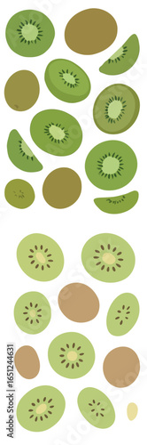 Kiwi slices in various shapes and colors, arranged in a pattern.