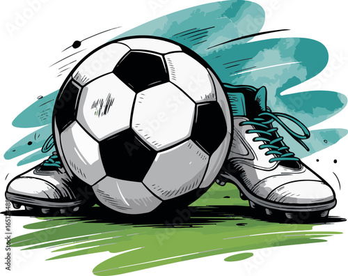 Soccer ball and cleats illustration on a green field artistic sports equipment soccer artwork vector design black and white ball on a lawn