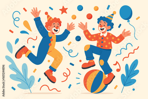 Juggling clowns celebration vector art: joyful festive design with cheerful characters