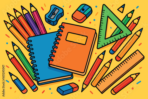 Colorful school supplies vector: vibrant pencils, notebooks, and tools for creative learning