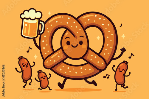 Cheerful pretzel party vector: festive food design featuring happy pretzel and dancing sausages