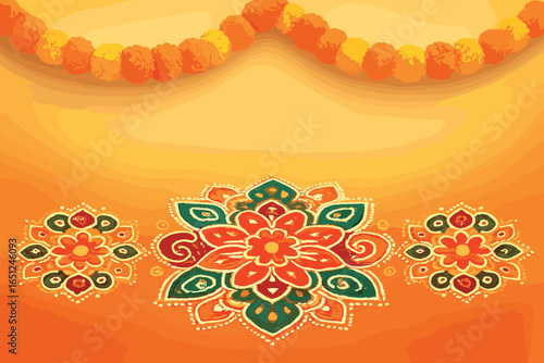Marigold garland and rangoli art design | traditional indian festive decor vector