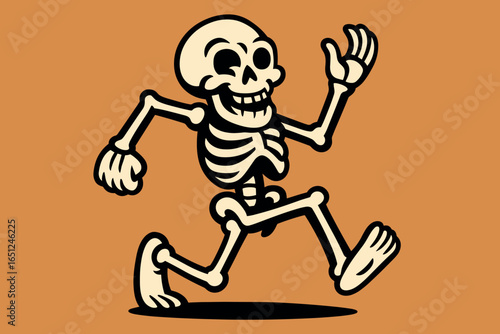 Dancing skeleton vector: jolly skeleton cartoon with swagger and fun on orange background