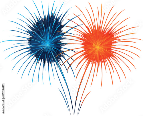 Fireworks in harmony: vibrant blue and orange bursts creating stunning night sky spectacle