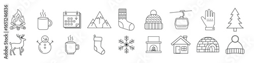 Winter Line Art Icon Set, Collection of Simple Cold Weather and Holiday Outlines, Minimalist Vector Graphics Pack with Snowflake, Cabin, and Christmas Symbols.