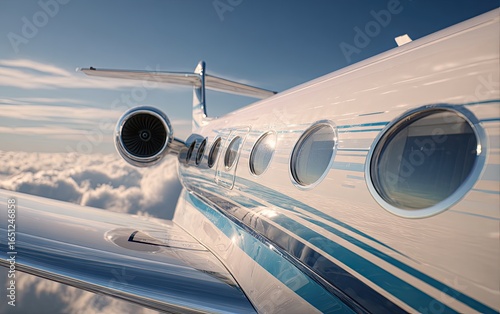 Close-up view of a private jet wing and fuselage above the clouds