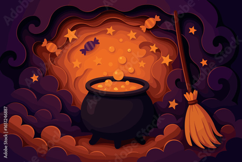 Mystical halloween scene vector – enchanting witch's cauldron with candy and stars