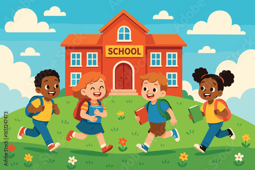 Joyful kids at school: happy children learning, playing, and growing together outdoors vector