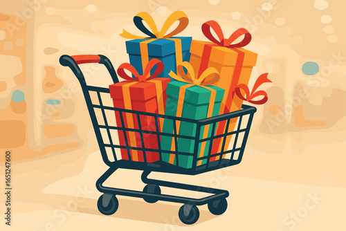 Colorful gift cart image | bright wrapped presents shopping concept vector for celebrations