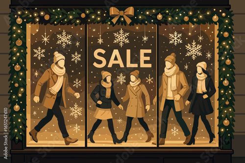 Festive window display for holiday shopping - christmas decor and winter sale theme vector