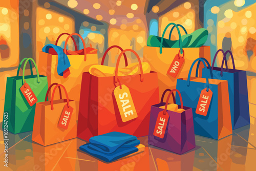 Shopping bag frenzy vector: colorful sale-themed illustration for marketing and advertising