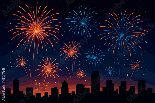 Fireworks display vector: colorful explosions lighting up the night cityscape skyline