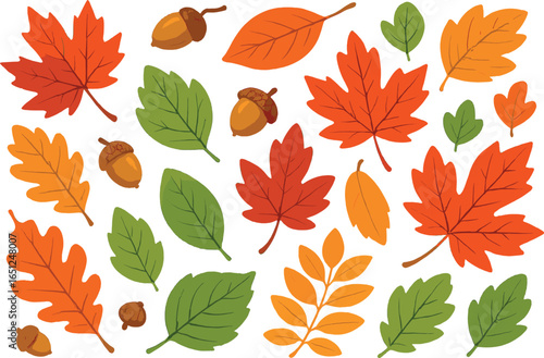 Vibrant autumn harmony: colorful fall leaves and acorns in a flat pattern vector