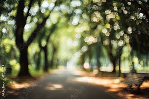 Fototapeta Naklejka Na Ścianę i Meble -  Sunlit park path, blurred greenery