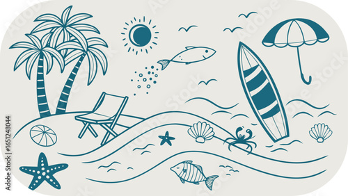 Beach Vacation Doodle With Palm Trees Surfboard Beach Chair Sun And Ocean Life vector illustration