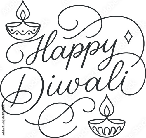 Diwali line art vector: elegant festival design with candles and calligraphy elements