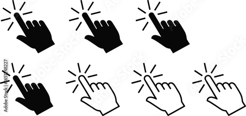 PrintClick hand cursor icons with pointer finger clicking gesture, flat and outline style, vector illustration for web and UI design