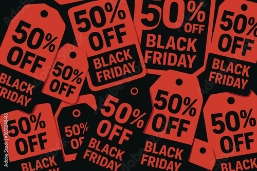 Black friday sale promotion tags | 50% off discount signs | holiday shopping deals visual